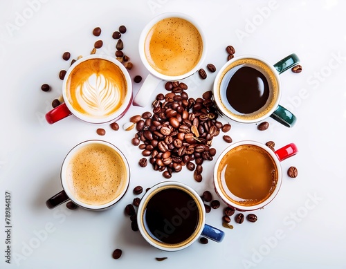 Top view on white background - Different types Italian coffee -  intense full-flavored espresso capuccino latte americano - pleasant caffeinated mornings photo