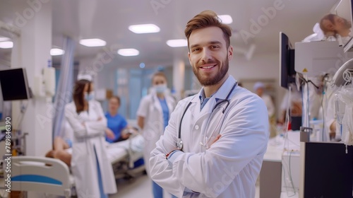 Confident smiling doctor posing and looking at camera with arms crossed  medical staff working on the background