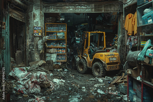 An industrial forklift navigates through the debris-littered alley of an old, run-down warehouse, hinting at ongoing labor or clean-up.