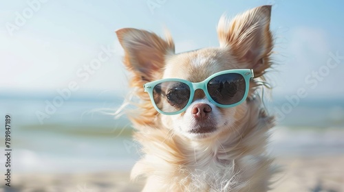 Funny chihuahua dog posing on a beach in sunglasses © Elchin Abilov