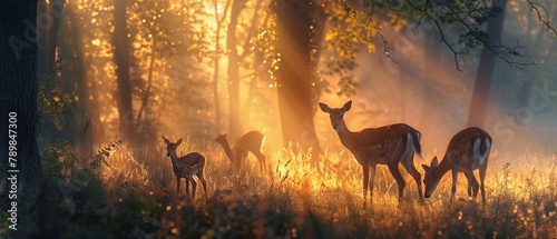 Serene deer family grazing in a misty forest at dawn, soft light filtering through trees, creating a tranquil and magical atmosphere