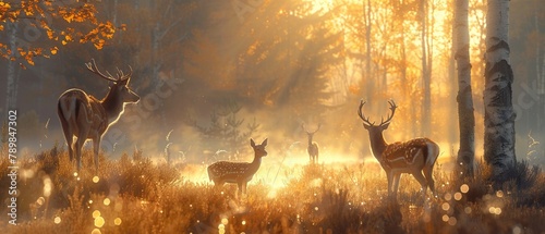 Serene deer family grazing in a misty forest at dawn, soft light filtering through trees, creating a tranquil and magical atmosphere photo