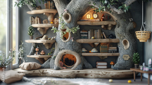Enchanted forest theme with tree-shaped shelves and woodland critter decor. photo