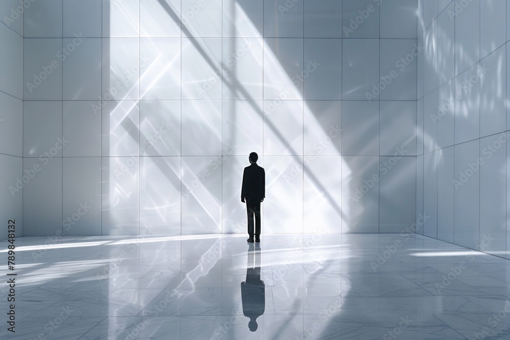 Fototapeta premium In a room adorned with ceramic tiles, a solitary figure stands against a backdrop of pristine white.