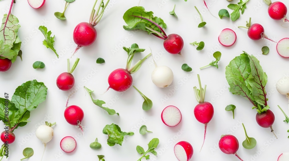 flat lay different fresh radish varieties, healthy food, white background, 16:9