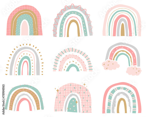 Rainbow PNG sticker in cute doodle style set