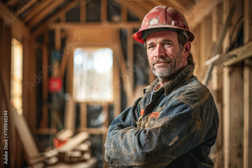 Confident Construction Worker Inside Building Framework © bajita111122