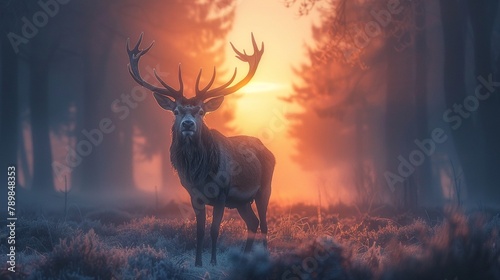 A majestic stag with a full crown of antlers standing in a foggy forest clearing at sunrise, embodying the spirit of the wilderness