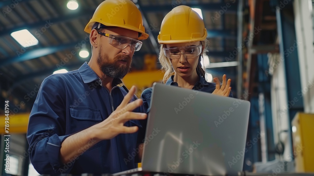 Male and Female Industrial Engineers in Hard Hats Discuss New Project while Using Laptop. They Make Showing Gestures.They Work in a Heavy Industry Manufacturing Factory Male and Female Industrial Engineers in Hard Hats Discuss New Project while Using Laptop. They Make Showing Gestures.They Work in a Heavy Industry Manufacturing Factory