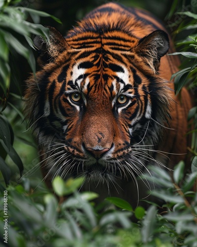 A powerful tiger stealthily moving through the jungle underbrush, eyes focused and intent on its prey © NatthyDesign