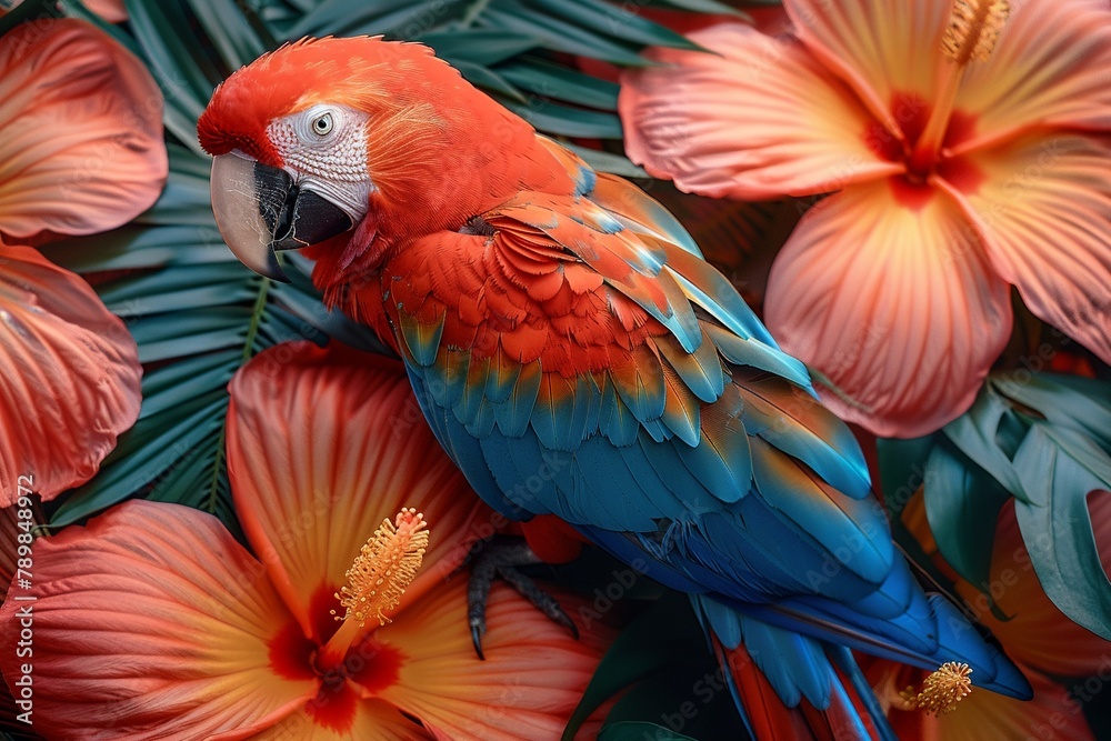 Fototapeta premium Closeup of a colorful parrot perched on a vibrant tropical flower, detailed texture of feathers, in a lush rainforest setting