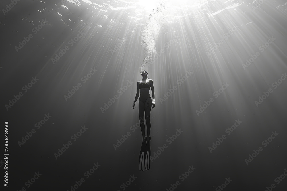 Surfer Underwater with Sunlight Through Waves Surfer Underwater with Sunlight Through Waves