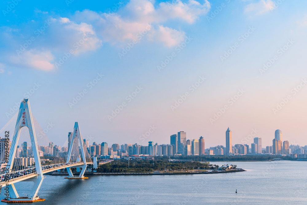 Fototapeta premium High View Scenery of Haikou Century Bridge and International Trade Architecture in Hainan, China