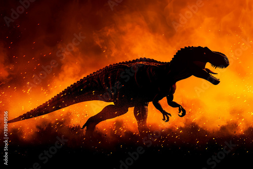 Majestic fiery orange Tyrannosaurus silhouette  roaring with power.