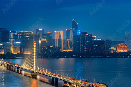 High View Night Scenery of Qianjiang Sanqiao and Qianjiang New City in Hangzhou, Zhejiang, China