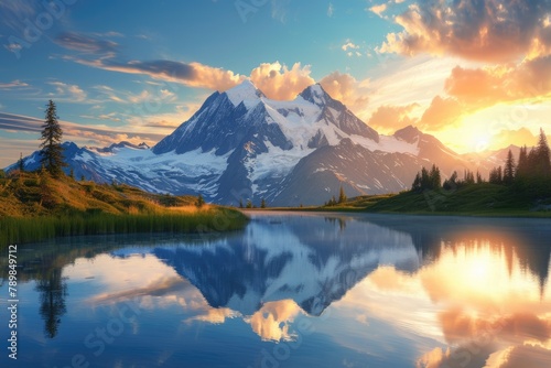 A majestic mountain landscape at sunset, snow-capped peaks, a crystal-clear lake reflecting the vibrant sky, serene nature. Resplendent. © Summit Art Creations