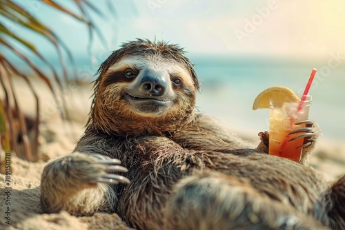 cute sloth relax on beach with cocktail