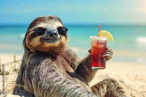 cute sloth relax on beach with cocktail