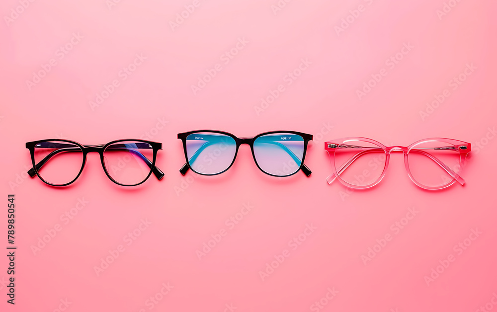 Simple glasses on an light pink background frame with space for text. Generative ai Simple glasses on an light pink background frame with space for text. Generative ai