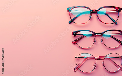 Simple glasses on an light pink background frame with space for text. Generative ai