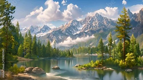 Beautiful nature with rivers and pine trees along with mountains photo