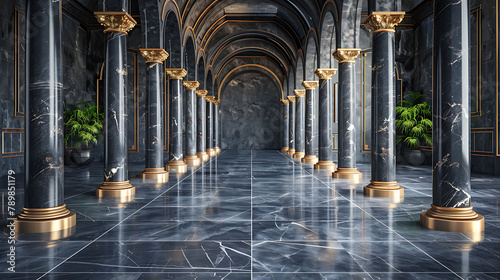 Elegant hallway with polished marble floors and ornate columns