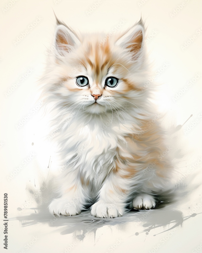 Kitten  Fluffy kitten in pastel tones, white backdrop , hand drawing