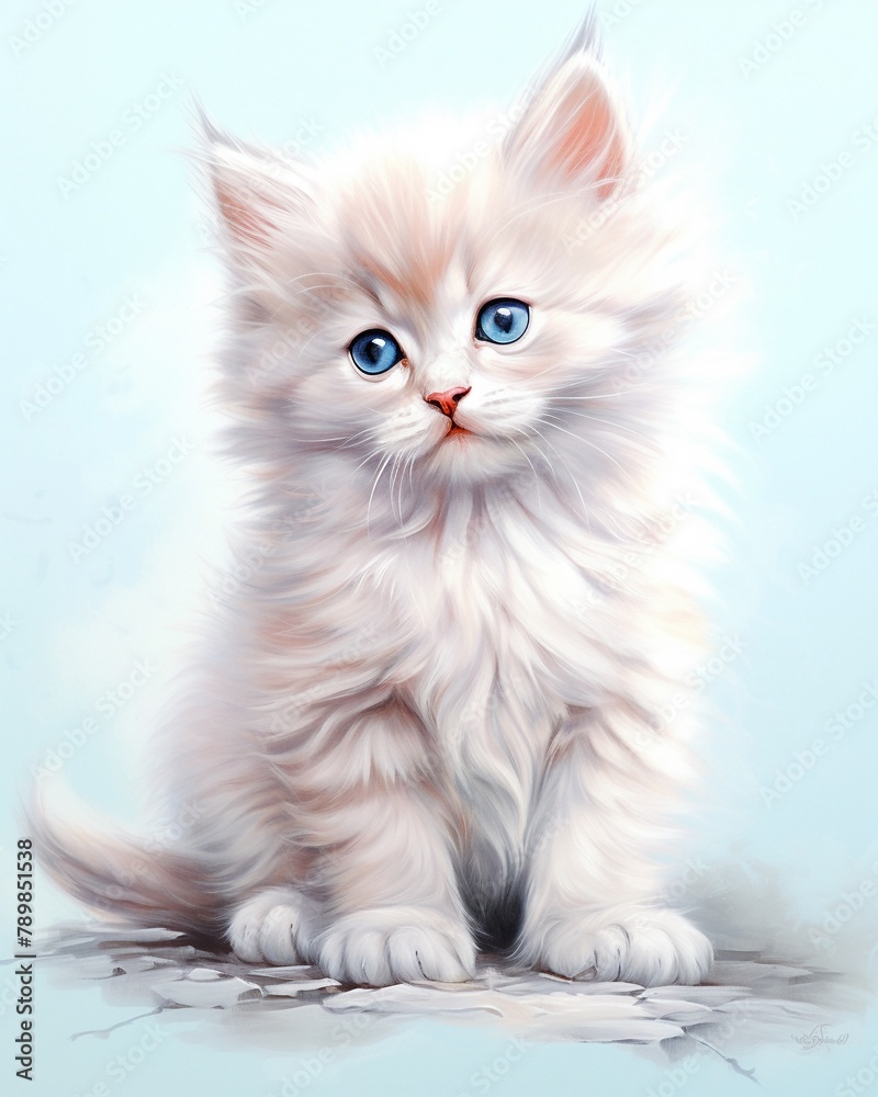 Kitten  Fluffy kitten in pastel tones, white backdrop , hand drawing