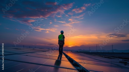 Technology solar cell, Engineer service check installation solar cell on the roof of factory on the morning. Silhouette technician inspection and repair solar cell on the roof of factory