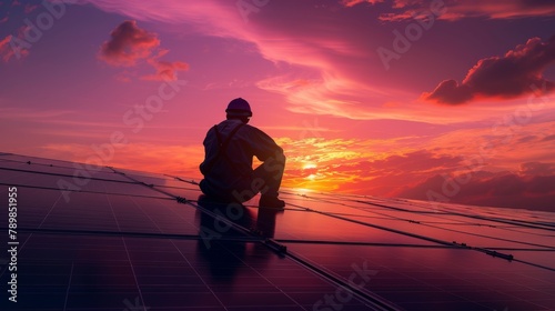 Technology solar cell, Engineer service check installation solar cell on the roof of factory on the morning. Silhouette technician inspection and repair solar cell on the roof of factory