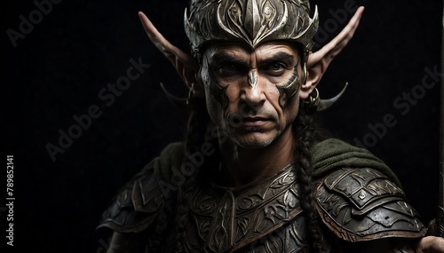 ancient elf warrior portrait on plain black background from Generative AI