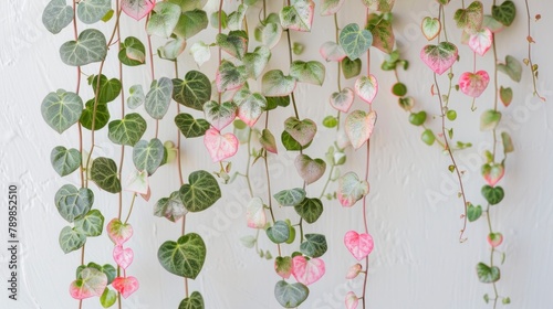A variegated string of hearts  Ceropegia woodii  plant with cascading vines of heart-shaped leaves against a white wall.