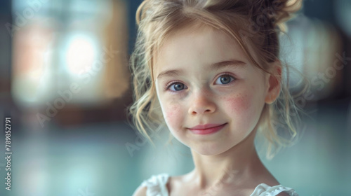 A smiling young girl with her hair loosely put up. A practicing ballerina taking a break. A cherubic innocent face with pale skin and rosy cheeks. photo