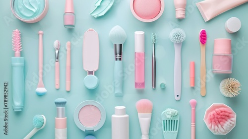 Assorted personal care products in pink and teal tones neatly arranged on a pastel blue background. Hygiene and beauty concept.