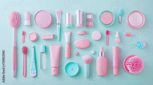 Assorted pink personal care products and beauty tools neatly arranged on a light blue background.