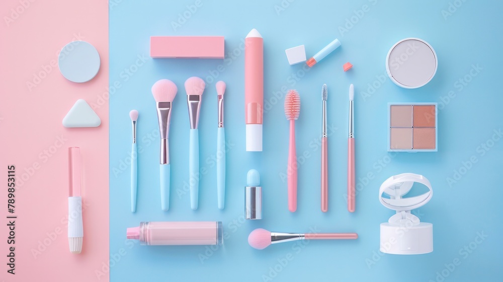 A variety of makeup products and brushes neatly arranged on a pastel blue and pink background. A variety of makeup products and brushes neatly arranged on a pastel blue and pink background.