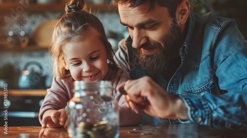 Father and daughter smiling, storing coins in a clear jar, teaching about savings in a cozy kitchen setting.
