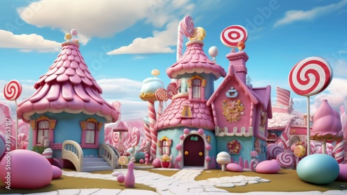 A 3D graphic of a whimsical candy land with pink and blue candy houses and giant lollipops. © Mickey