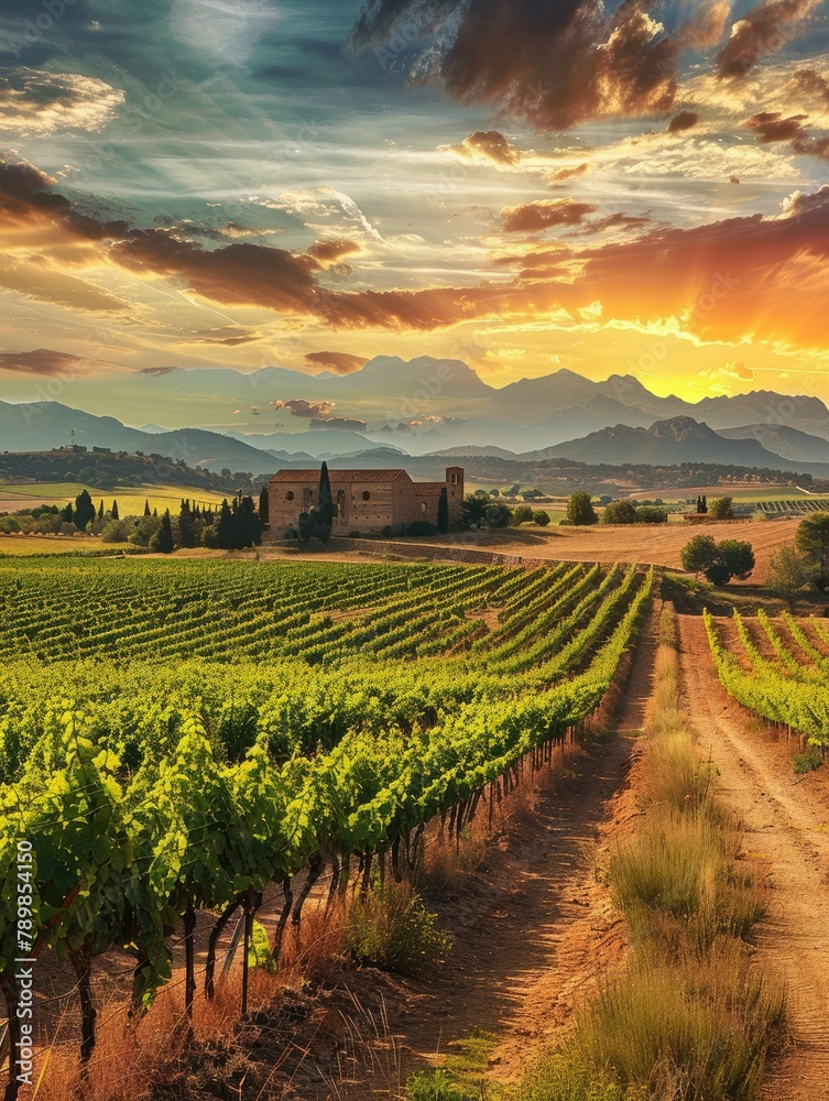 A beautiful sunset over a lush vineyard