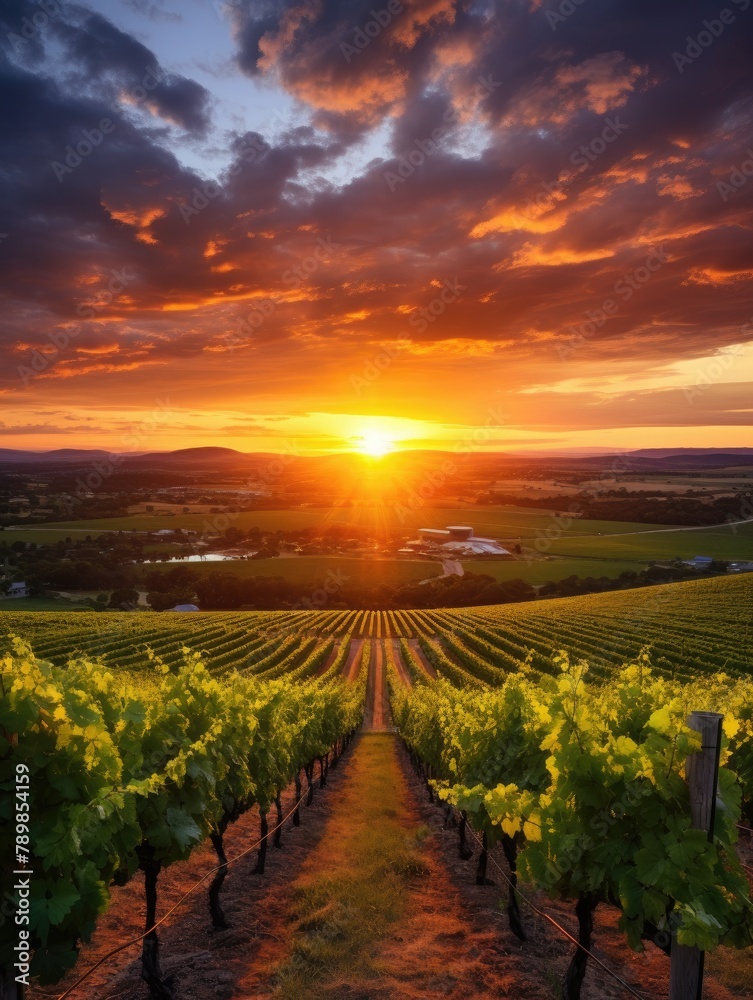 A beautiful sunset over a lush vineyard