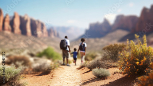 family with small children hiking in desert, view from behind. Sunny day with mountains in background