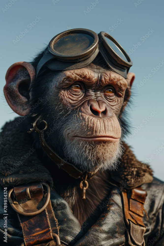 Pilot Chimpanzee in Vintage Flight Gear

