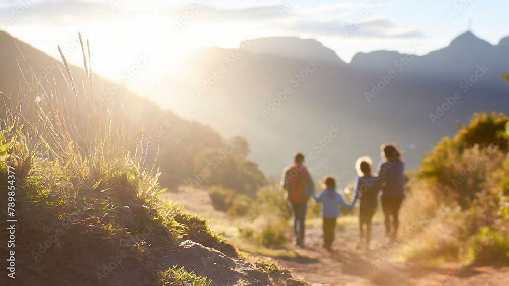 Obraz premium family hiking in the mountains at sunset