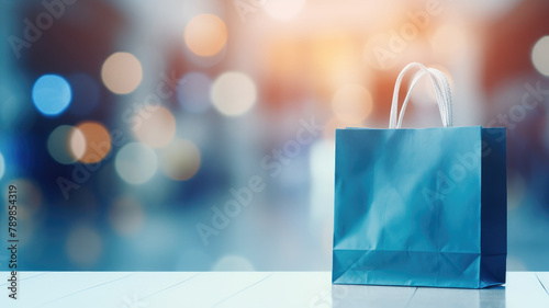 A blue shopping bag sits on a table in front of a blurred background of a shopping mall. photo