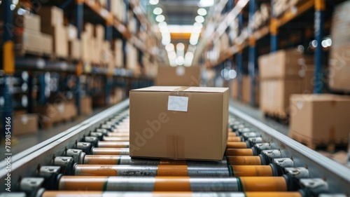A box on a conveyor belt in a warehouse.