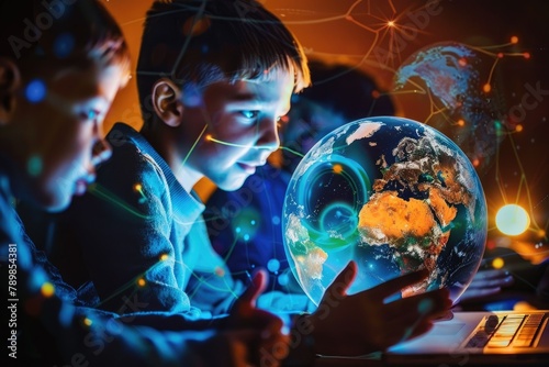 A boy holds a glowing globe in his hands while another boy looks on in amazement.