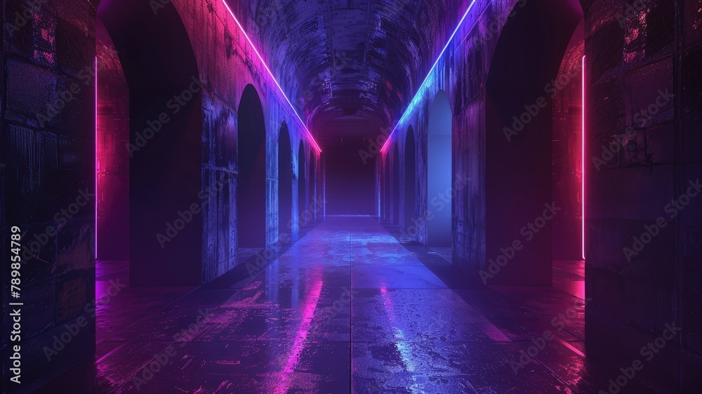 A dark and mysterious corridor with blue and pink neon lights reflecting off the wet floor.