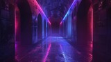 A dark and mysterious corridor with blue and pink neon lights reflecting off the wet floor.