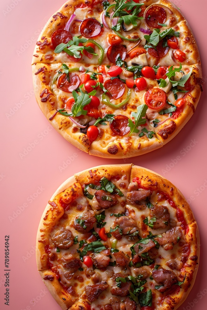 Fresh baked pizza on a pink background Fresh baked pizza on a pink background