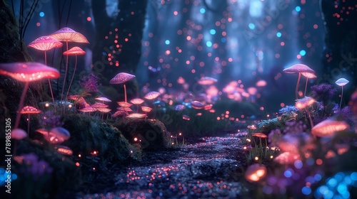 Colorful bioluminescence plants in forest, Exotic mushrooms and flowers glowing path, fireflies, Pandora planet at night, blue and pink glow